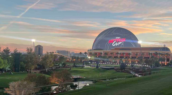 The Sphere is seen behind Wynn Golf Club at dusk.